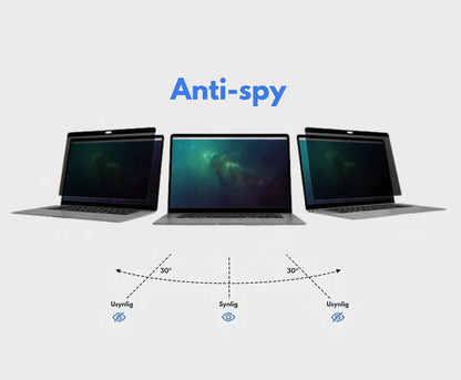 MacBook med Ocushield skjermbeskytter som viser anti-spion filter – skjermen er tydelig synlig for brukeren, men mørk og usynlig fra sidene for å beskytte sensitiv informasjon.