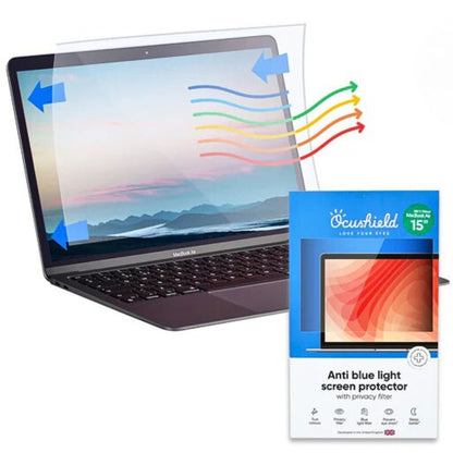 Ocushield skjermfilter for MacBook Air 15" – beskytter mot blått lys og innsyn, med antirefleks- og antibakteriell overflate.