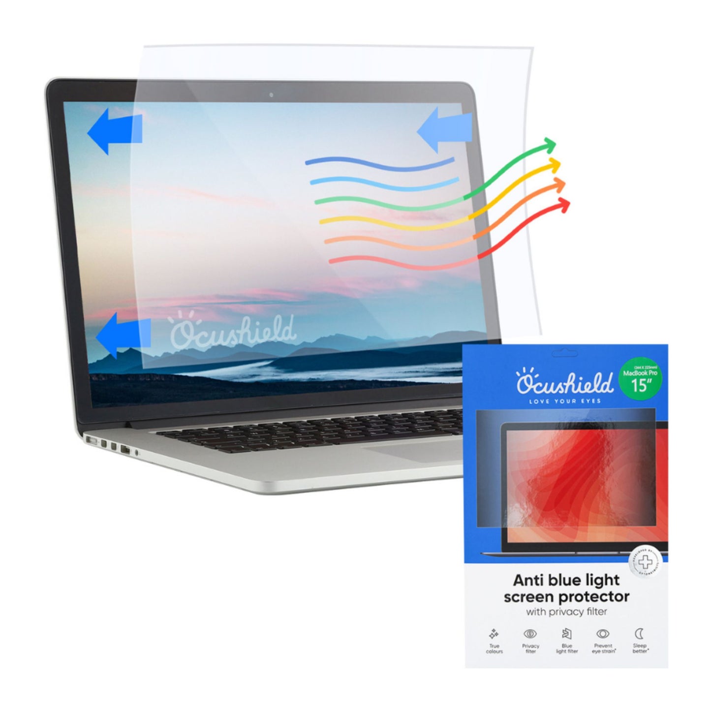 Ocushield skjermfilter for MacBook Pro 15" – reduserer blått lys, beskytter personvernet og har anti-glare- og antibakteriell teknologi.