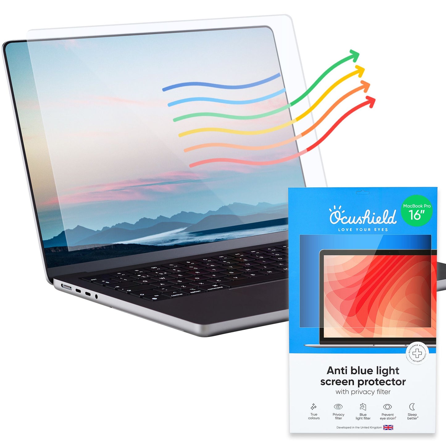 Ocushield filter for MacBook Pro 16" (2021–2023) – kombinerer blålysbeskyttelse og personvern uten å forvrenge farger eller skjermopplevelse.