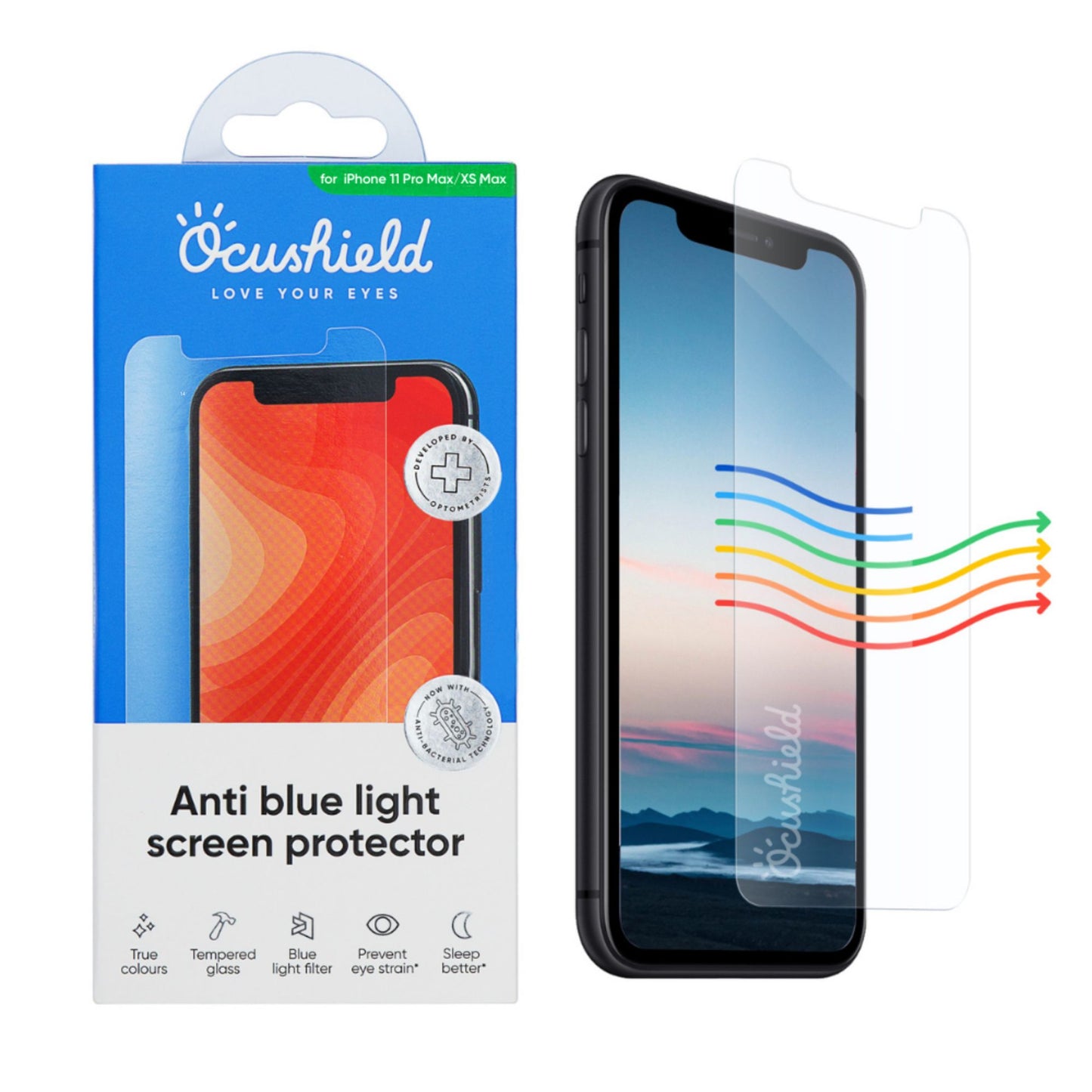 Ocushield skjermbeskytter med emballasje for iPhone 11 Pro Max og XS Max – medisinsk blålysfilter som beskytter øyne, søvn og hud