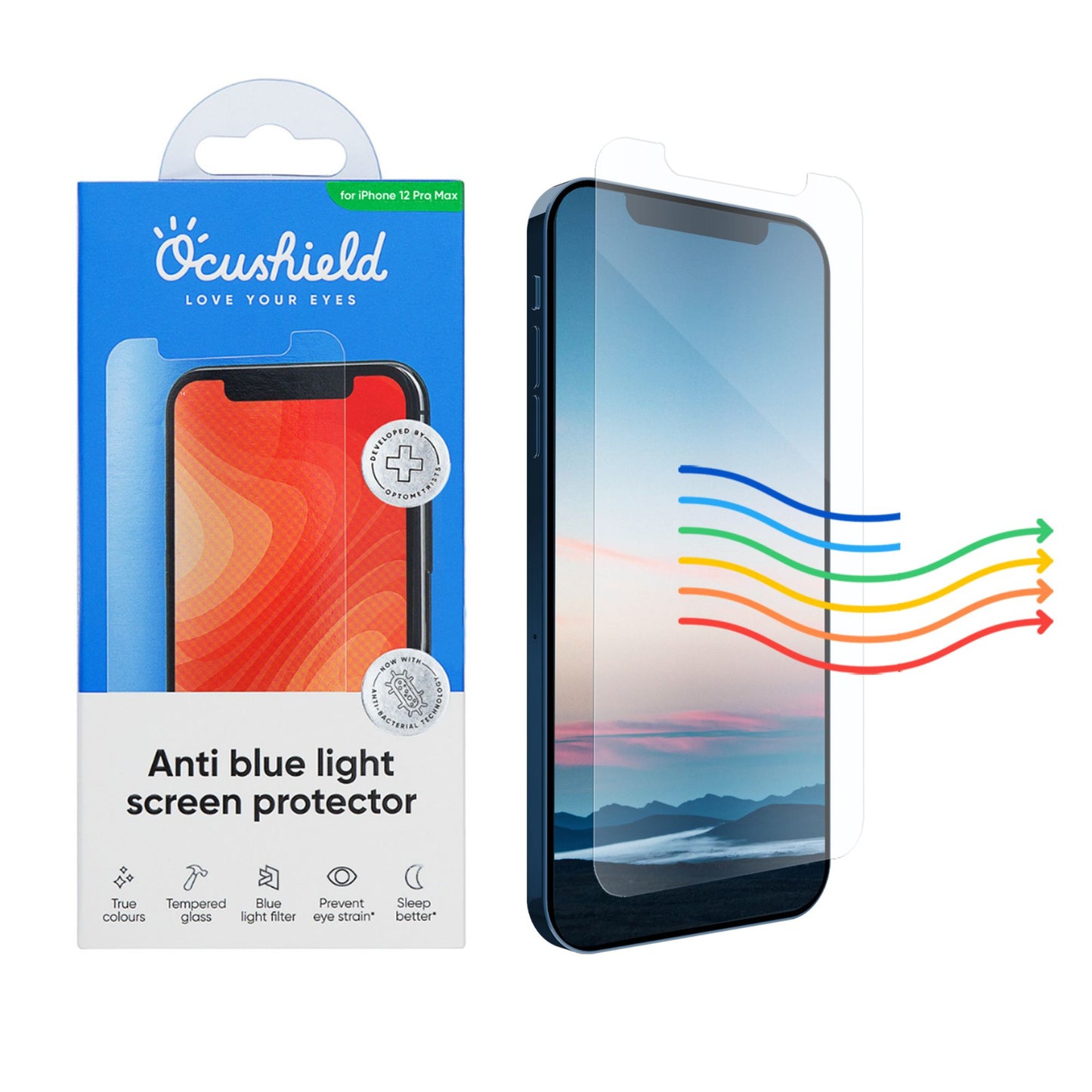 Ocushield skjermbeskytter med emballasje for iPhone 12 Pro Max – medisinsk blålysfilter som beskytter øyne, søvn og hud