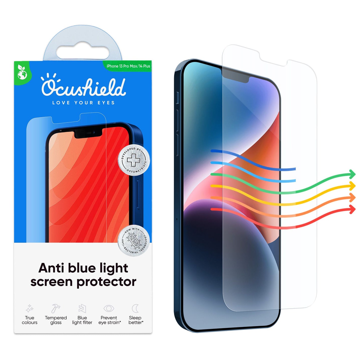 Ocushield skjermbeskytter med emballasje for iPhone 13 Pro Max og 14 Plus – blålysfilter som beskytter øyne, søvn og hud
