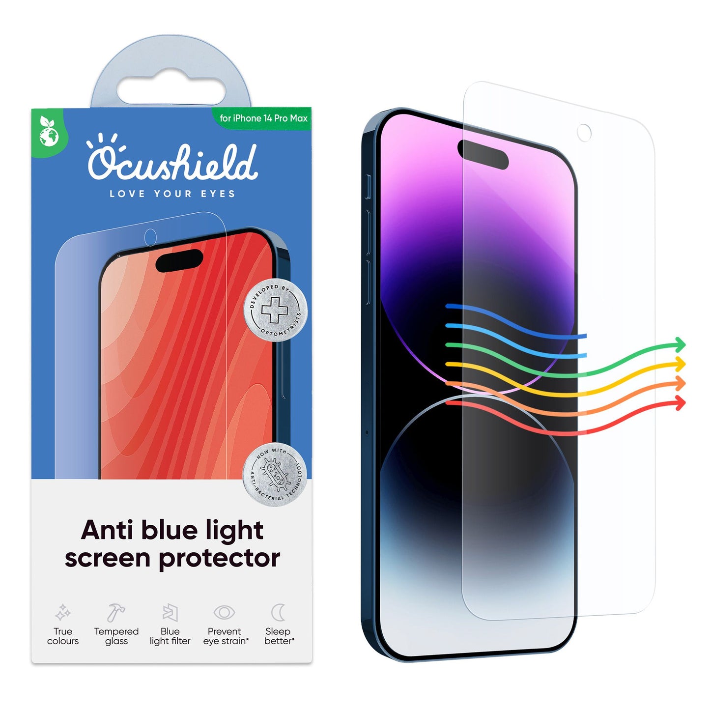 Ocushield skjermbeskytter og emballasje for iPhone 14 Pro Max – blålysfilter som beskytter øyne, søvn og hud