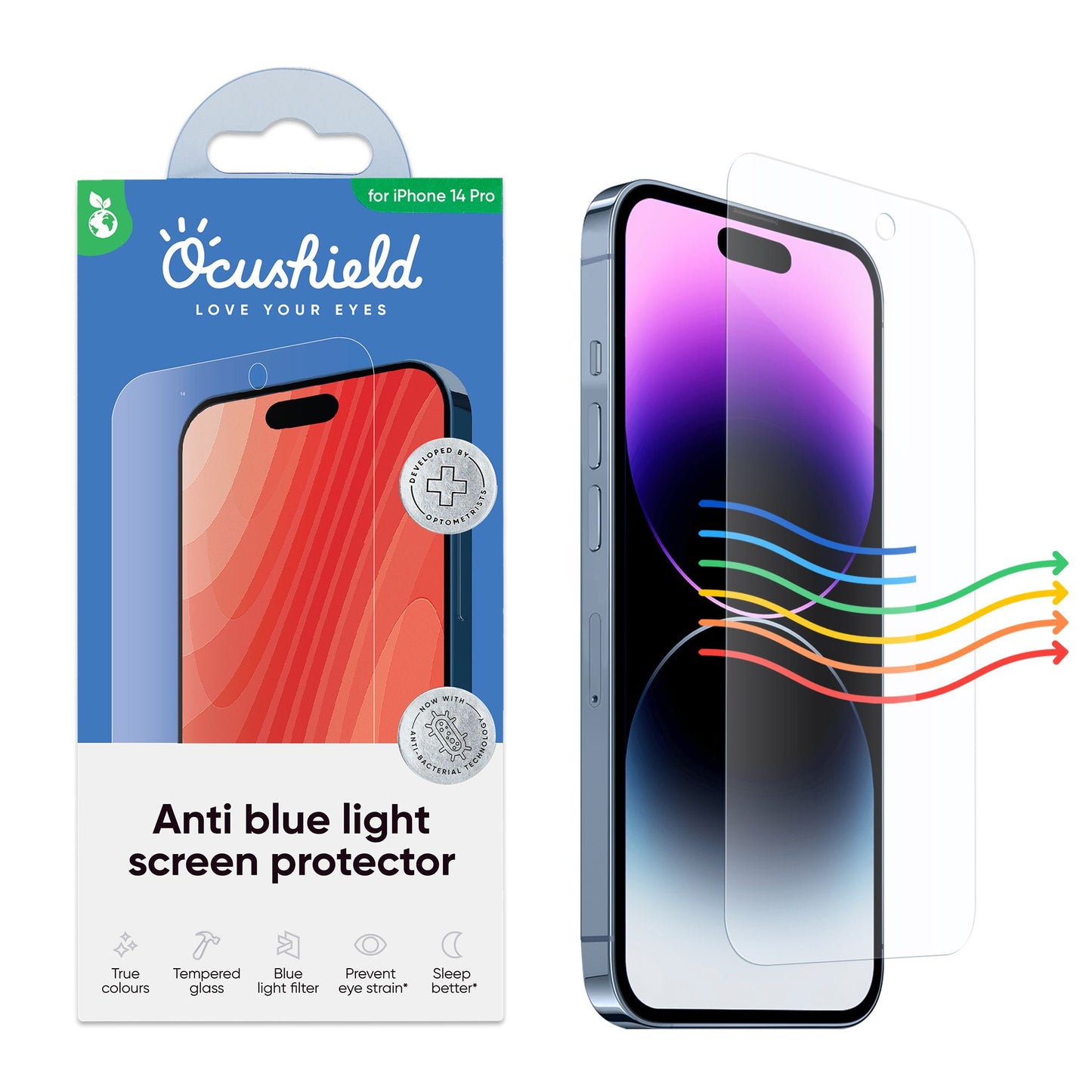 Ocushield skjermbeskytter og emballasje for iPhone 14 Pro – blokkerer blått lys og beskytter øyne og hud
