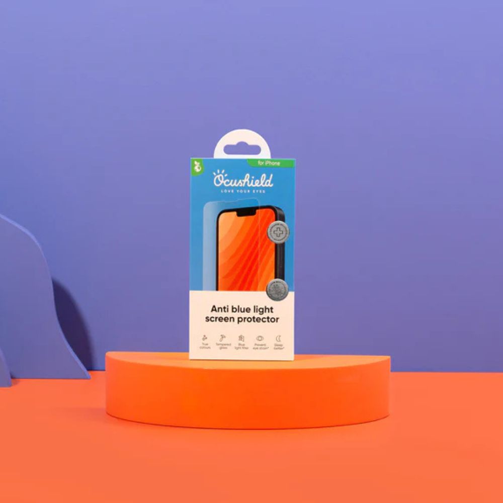 Ocushield skjermbeskytter for iPhone som blokkerer skadelig blått lys, beskytter øyne og støtter bedre søvn.