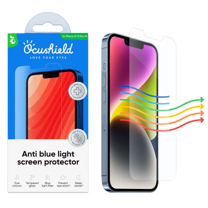 Ocushield skjermbeskytter og emballasje for iPhone 13, 13 Pro, 14 og 16e – blokkerer blått lys og beskytter øyne og hud