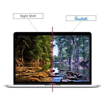 Sammenligningsbilde av MacBook Pro skjerm: venstre side med Night Shift aktivert som gir et gult skjær, høyre side med Ocushield blålysfilter som bevarer ekte farger uten fargeendring.