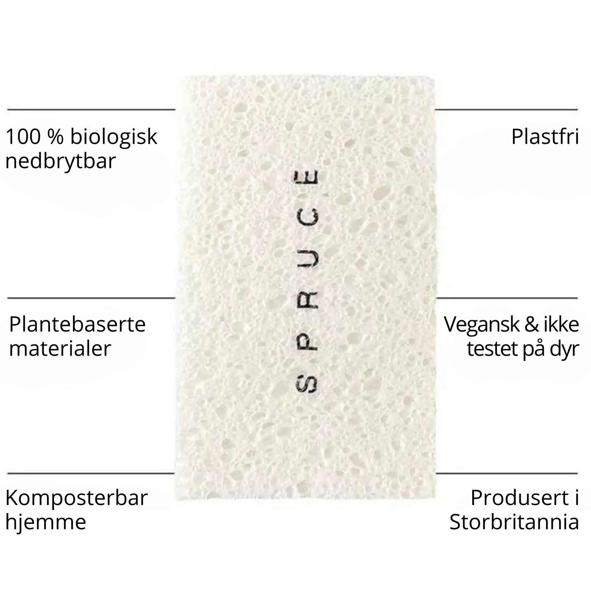 Økosvamp laget av plantebaserte materialer – 100 % biologisk nedbrytbar, plastfri, vegansk og komposterbar i hjemmekompost. Produsert i Storbritannia.