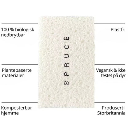 Økosvamp laget av plantebaserte materialer – 100 % biologisk nedbrytbar, plastfri, vegansk og komposterbar i hjemmekompost. Produsert i Storbritannia.