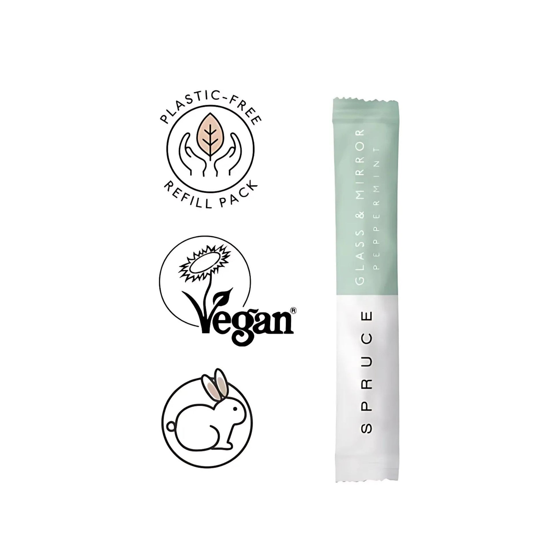 Én refillpose med Spruce naturlig glass- og speilspray – laget med økologisk peppermynteolje, og merket som vegan, cruelty-free og plastfri refillpakke