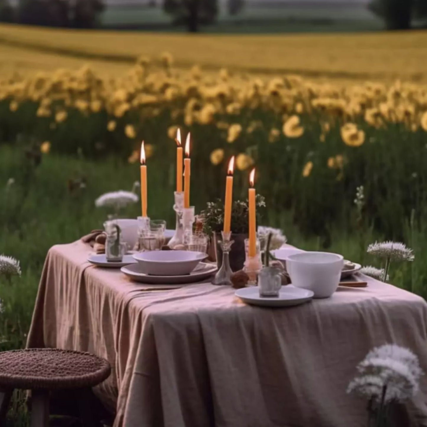 Økologiske bivokskronelys tent på dekket middagsbord utendørs i naturlige omgivelser