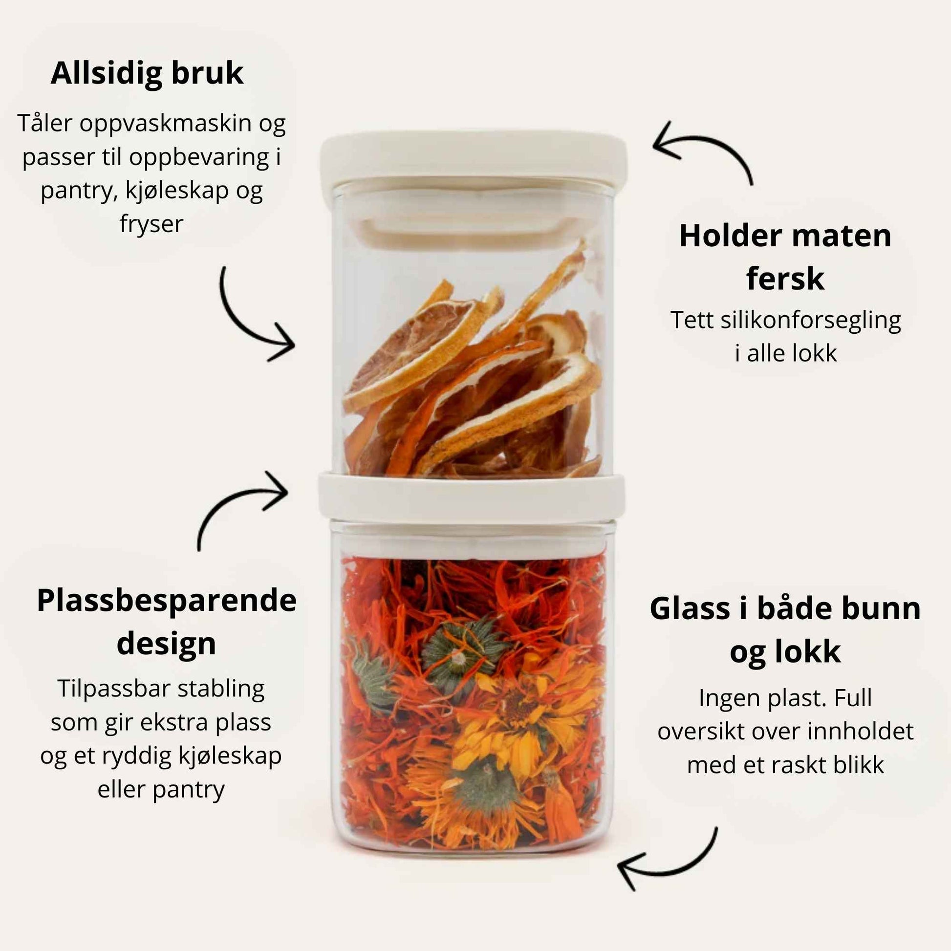 Plastfrie glassbeholdere med glasslokk som viser allsidig bruk, tett silikonforsegling, stabelbart design og full oversikt over innholdet