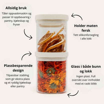 Plastfrie glassbeholdere med glasslokk som viser allsidig bruk, tett silikonforsegling, stabelbart design og full oversikt over innholdet