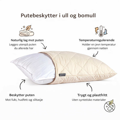 Putebeskytter i ull og økologisk bomull som legges utenpå pute – temperaturregulerende, plastfri og beskytter mot fukt og slitasje