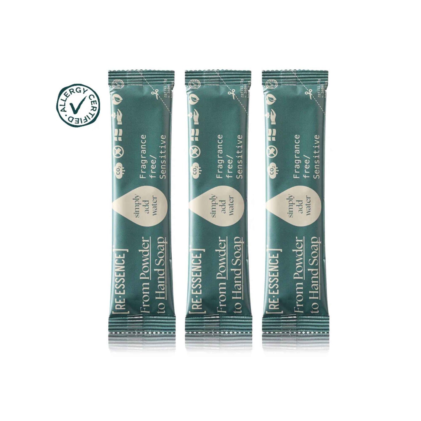 Tre RE·ESSENCE pulverrefiller til parfymefri håndsåpe med AllergyCertified-sertifisering.