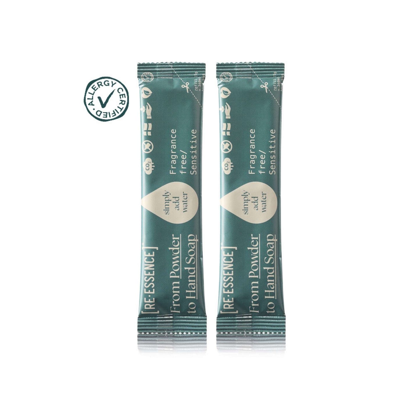 To pulverrefiller til RE·ESSENCE parfymefri håndsåpe med AllergyCertified.