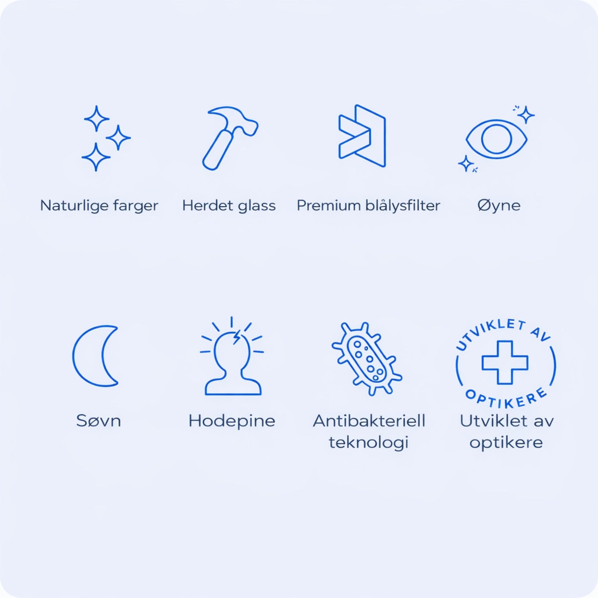 Illustrasjon som viser fordeler med skjermbeskytter: ekte farger, herdet glass, premium blålysfilter, friske øyne, søvn, hodepine, antibakteriell teknologi og utviklet av optikere