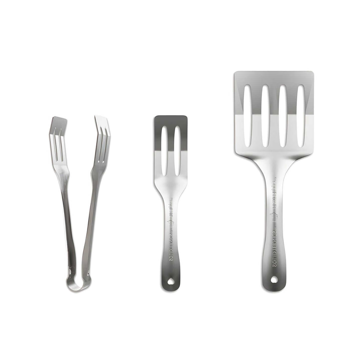 Flippa kjøkkensett fra Solidteknics med Lil Flippa, Flexi Flippa og Lil Flippa Tongs i nikkelfritt rustfritt stål. Plastfrie, varige og hygieniske kjøkkenredskaper laget i Australia for trygg og bærekraftig matlaging.