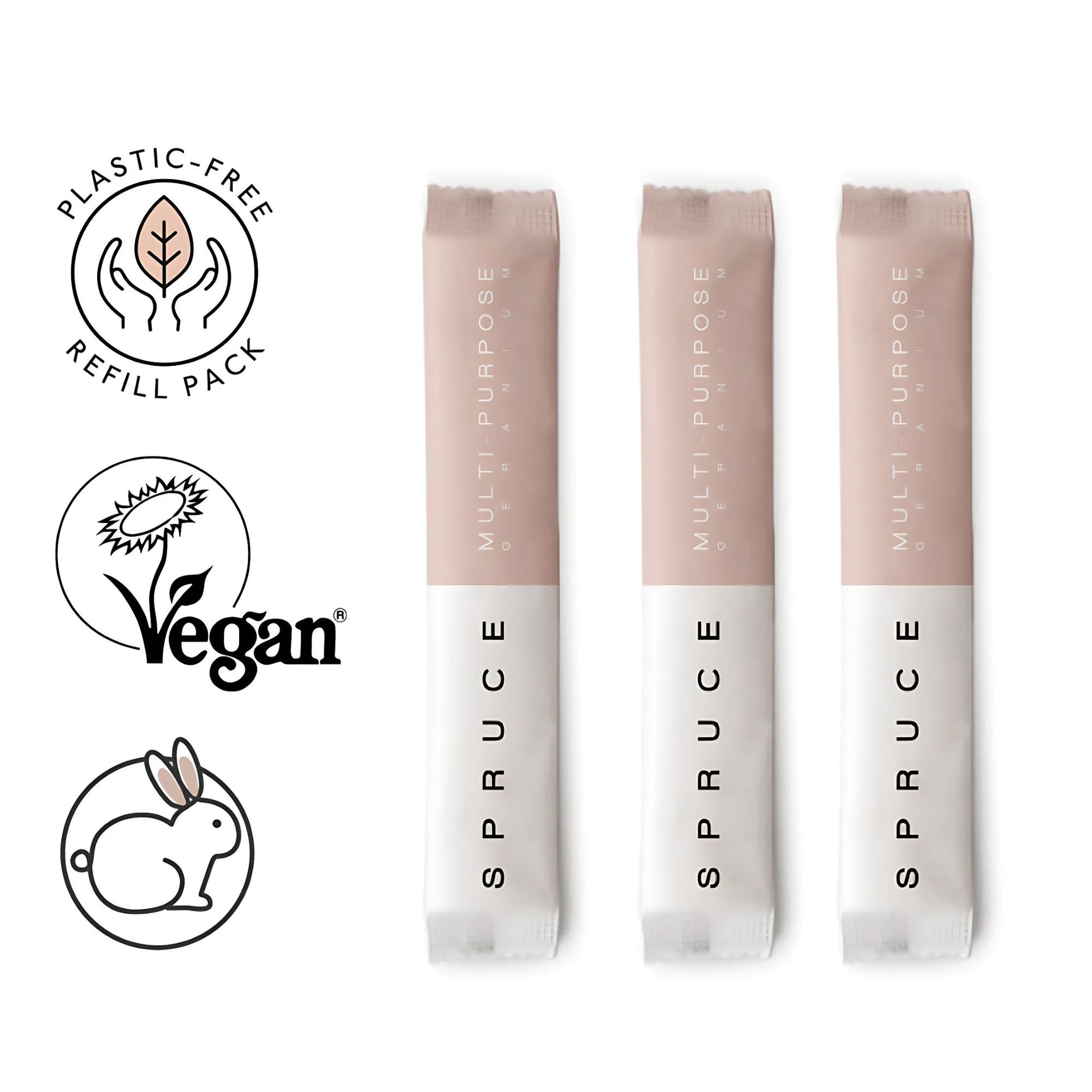 Logoer som viser at Spruce allrent refillpakke er vegansk, ikke testet på dyr og plastfri.