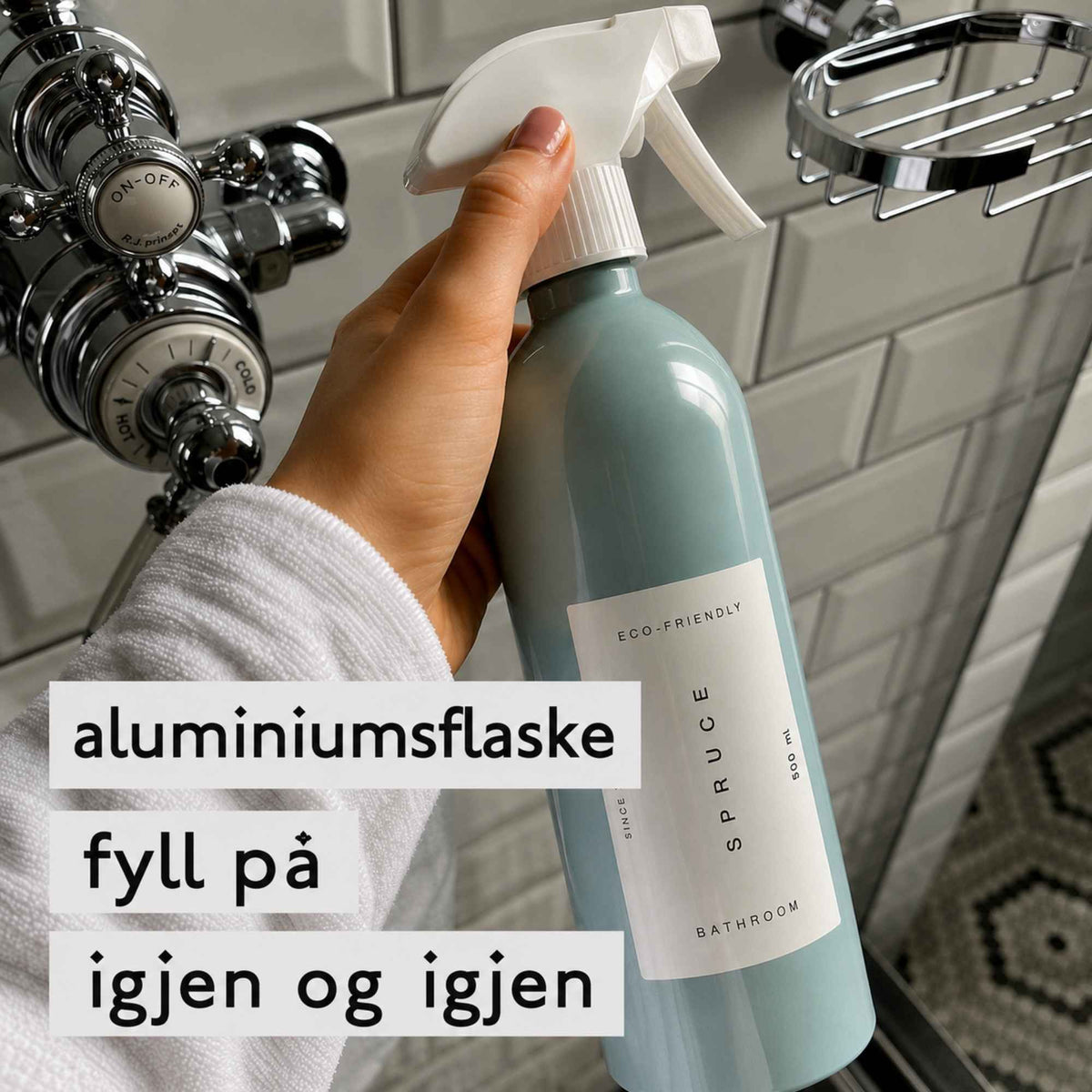 Spruce aluminiumsflaske for naturlig rengjøring som kan fylles på igjen og igjen.