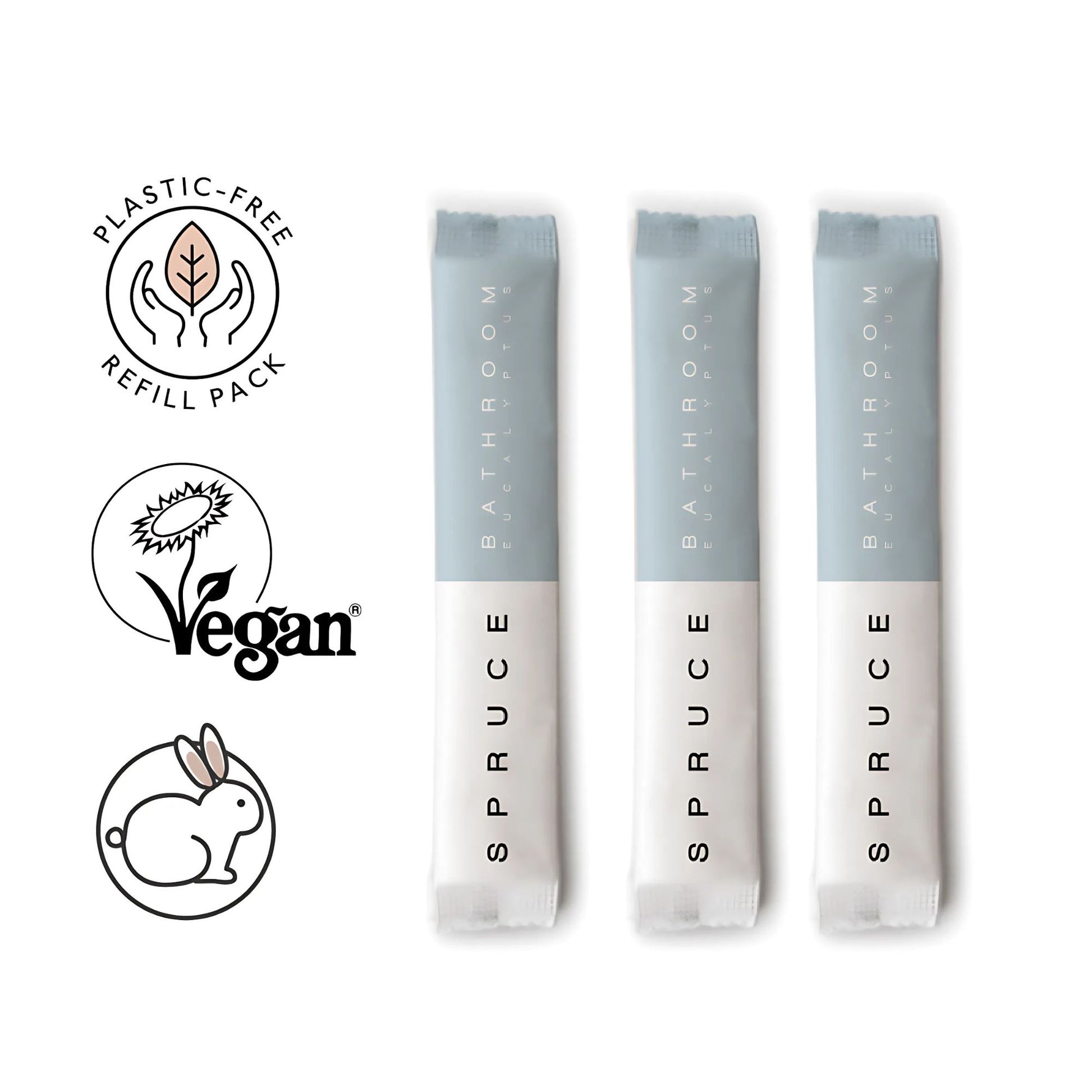 Logoer som viser at Spruce baderomsrengjøring refillpakke er vegansk, ikke testet på dyr og plastfri.