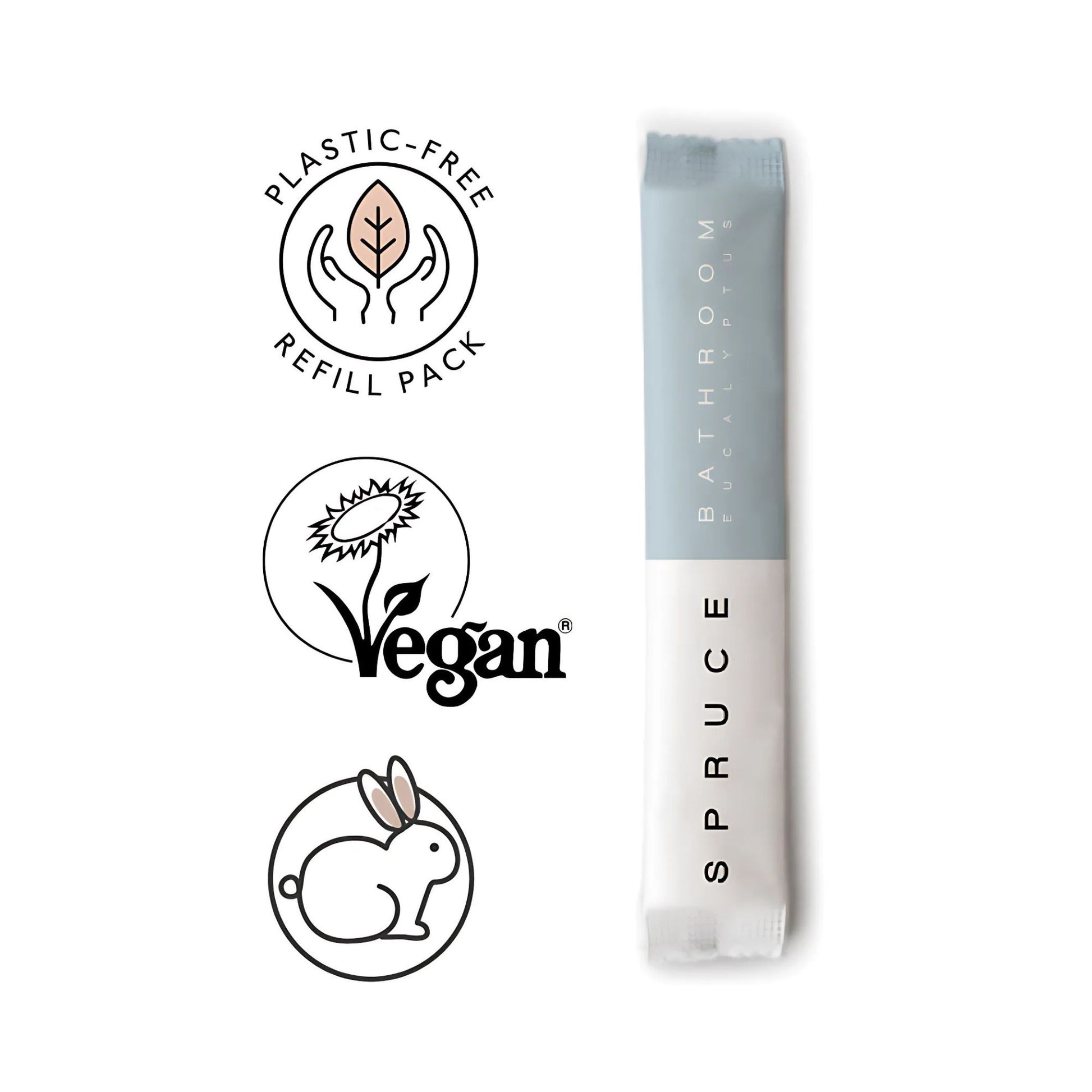 Spruce refillpose for naturlig baderomsrengjøring – med merker for vegansk, ikke testet på dyr og plastfri emballasje. Et trygt og miljøvennlig valg til rengjøring til bad.