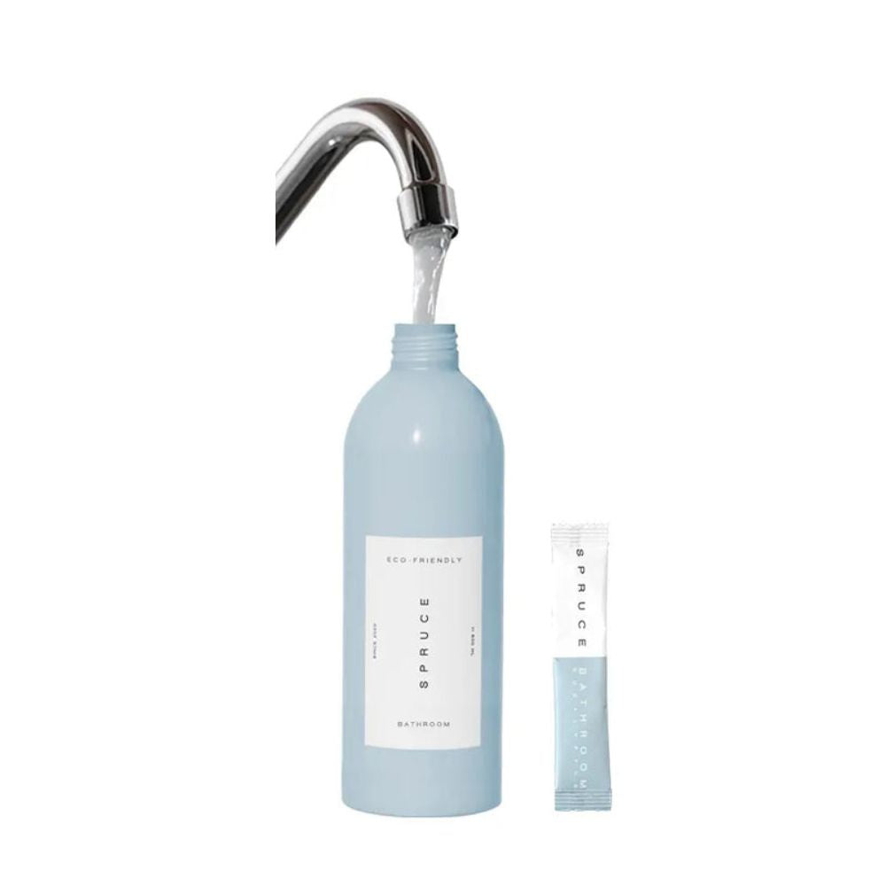 Spruce baderomssett med evighetsflaske og refill – påfyllbar for alltid med vann fra springen, effektiv mot kalk, såperester og vannmerker på badet.