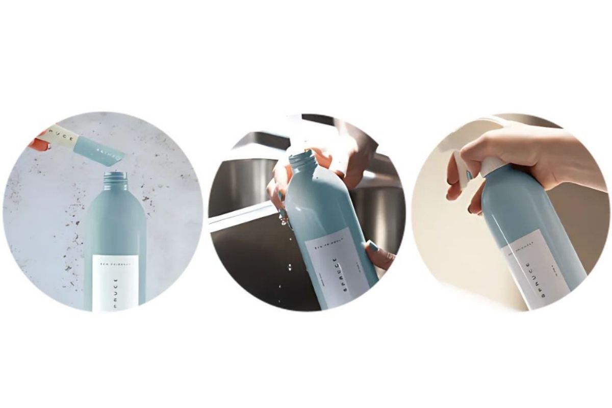 Slik blander du Spruce baderomsspray: plastfri refill helles i gjenbrukbar aluminiumsflaske, fylles med vann og sprayen er klar til bruk