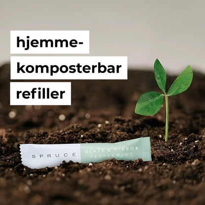 Spruce Glass & Mirror Spray med miljøvennlig refillpakke – plantebasert, hjemmekomposterbar og bærekraftig rengjøringsprodukt