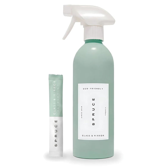 Spruce Glass- og Speilspray Startpakke med refillpose og gjenbrukbar evighetsflaske – naturlig, effektiv og plastfri rengjøring for speil og glass.