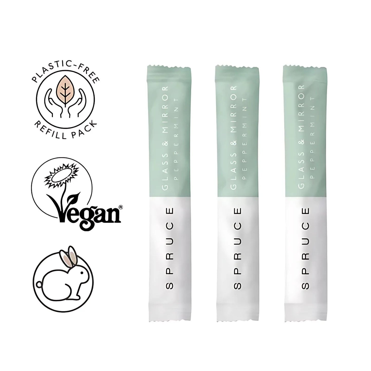 Tre refillposer med Spruce naturlig glass- og speilrens – med økologisk peppermynteolje og sertifiseringer som vegan, cruelty-free og plastfri refillpakning
