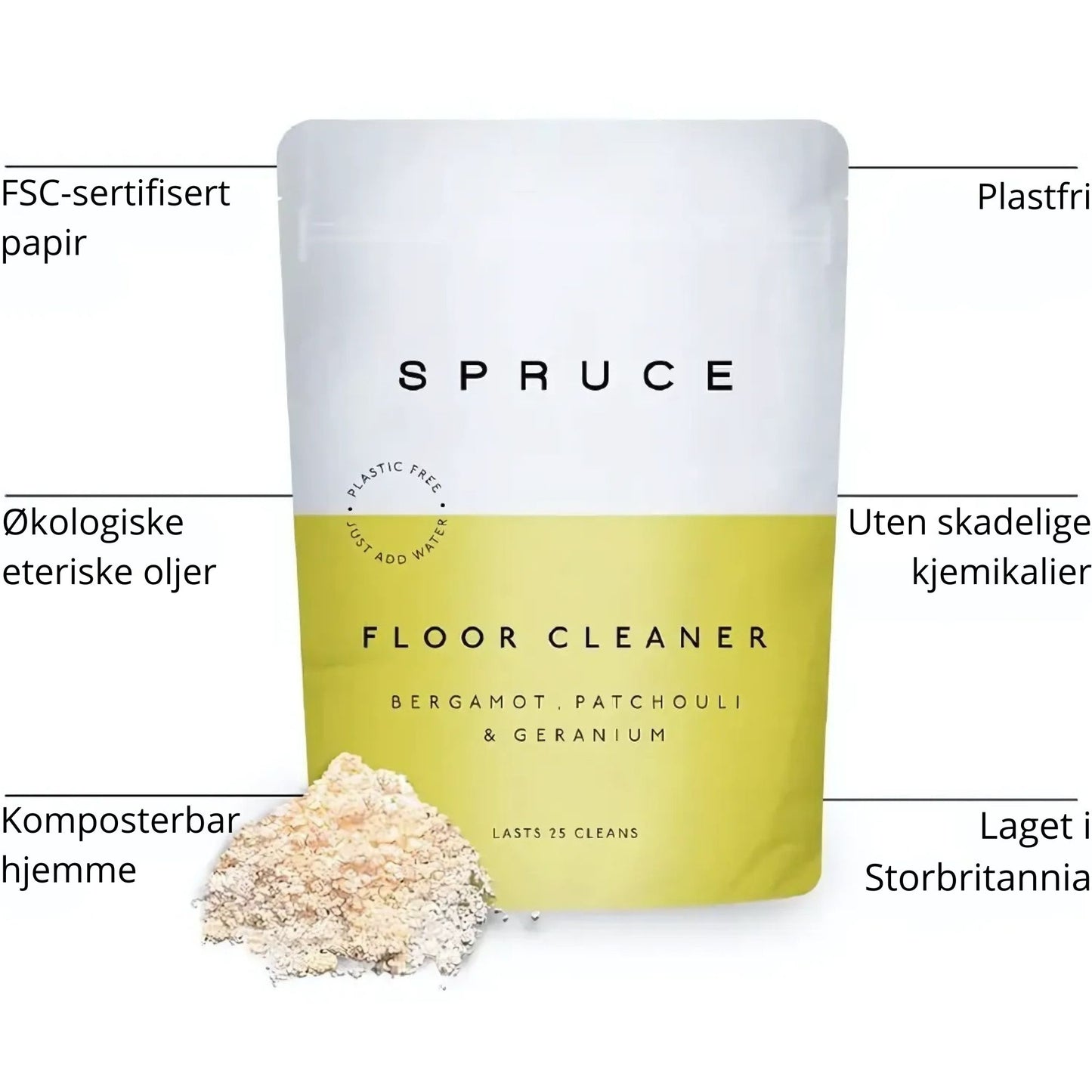Spruce gulvvask konsentrat pose med plastfri emballasje, FSC-sertifisert papir og økologiske ingredienser