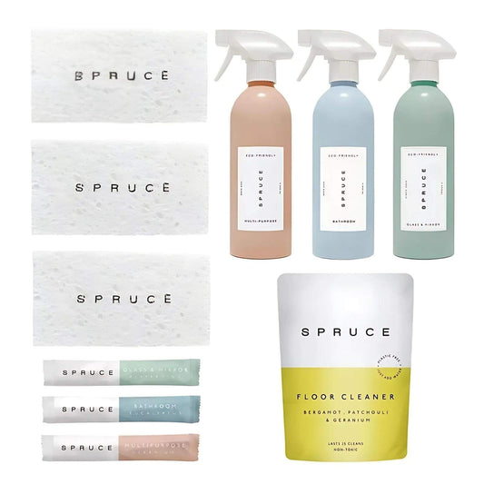 Spruce Komplett Startpakke med naturlige rengjøringsprodukter, refillbare flasker og plantebaserte ingredienser for et rent og sunnere hjem.