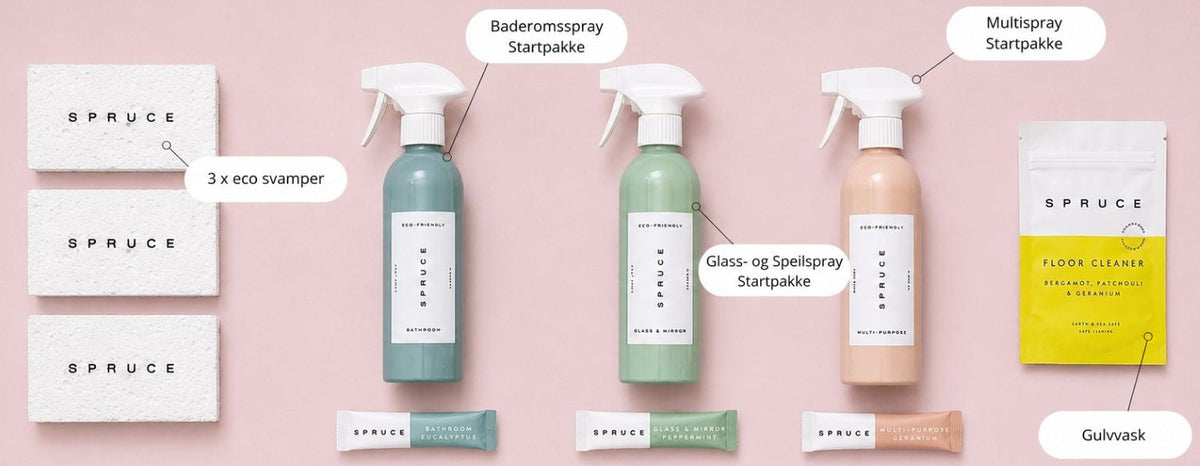 Spruce Komplett Startpakke med naturlige rengjøringssprayer, gulvvask og tre plastfrie økosvamper