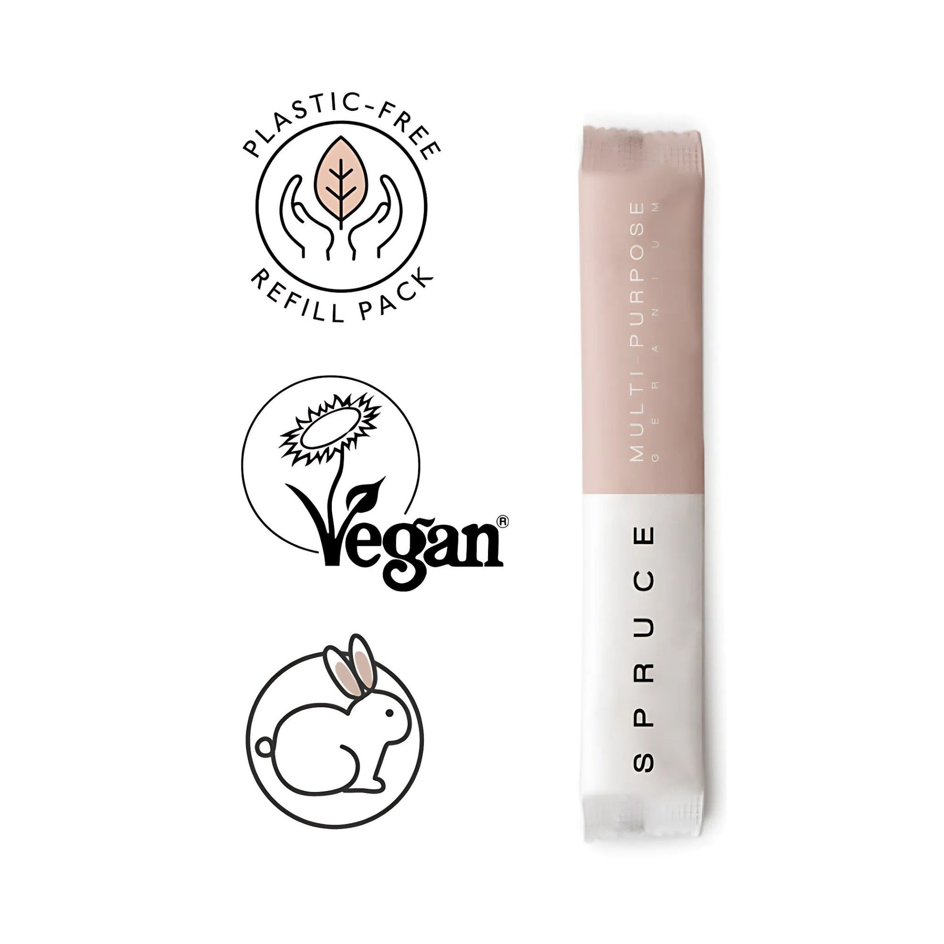 Spruce refillpose for naturlig rengjøringsmiddel – med merker for vegansk, ikke testet på dyr og plastfri emballasje. Et trygt og miljøvennlig valg til rengjøring i hjemmet.
