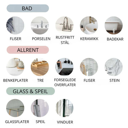 Oversikt over hvilke overflater Spruce rengjøringssprayer kan brukes på, inkludert bad, allrent og glass og speil