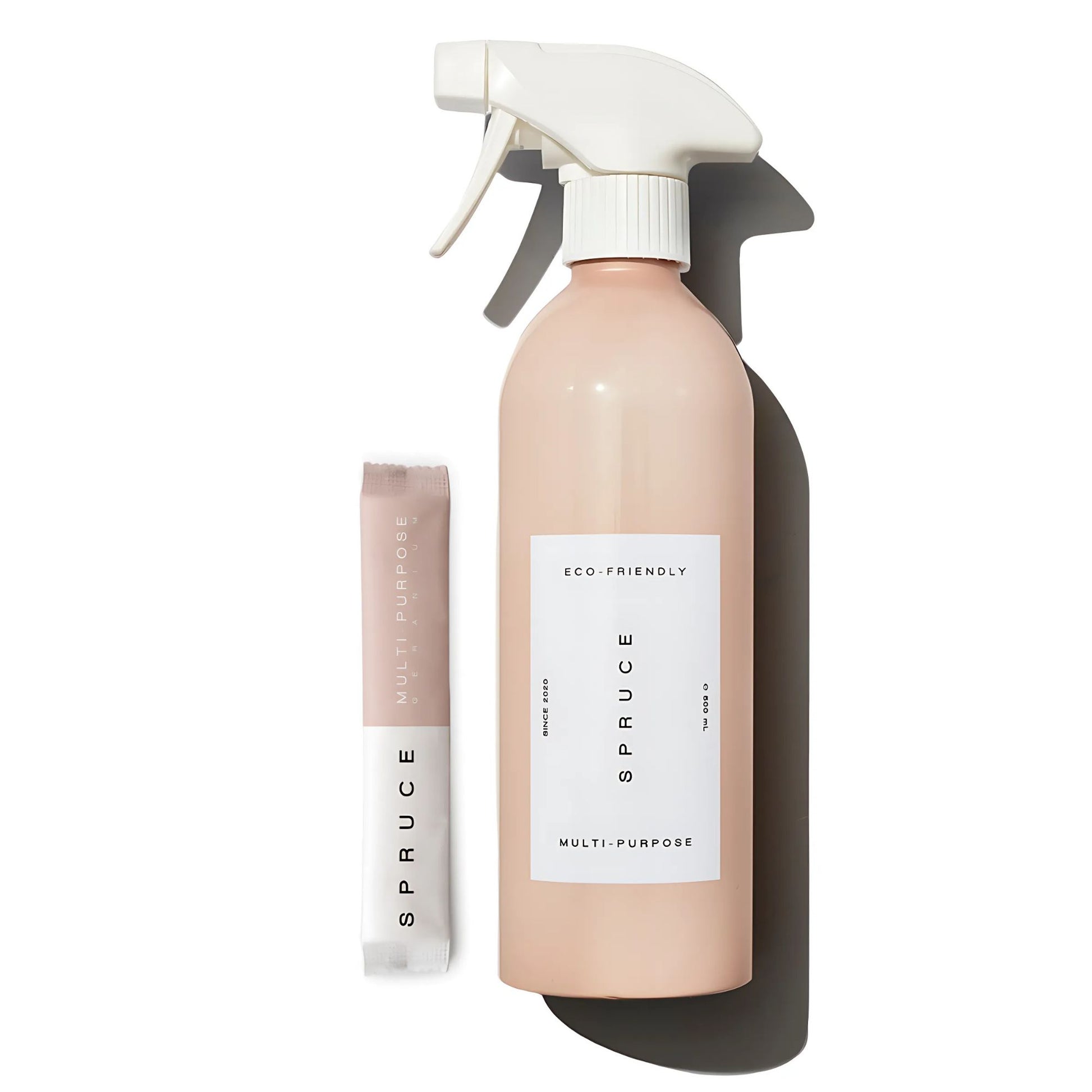 Spruce naturlig multispray med evighetsflaske i aluminium og plastfri refillpose – med duft av økologisk geranium