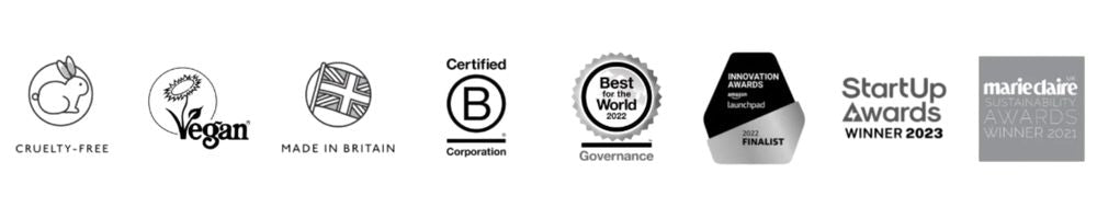 Ikoner som viser at Spruce er B Corp-sertifisert, vegansk, cruelty-free, laget i Storbritannia og prisbelønt for bærekraft og innovasjon.