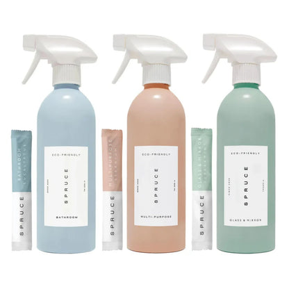 Startsett med tre gjenbrukbare rengjøringssprayer fra Spruce, med evighetsflasker og plastfrie refillposer