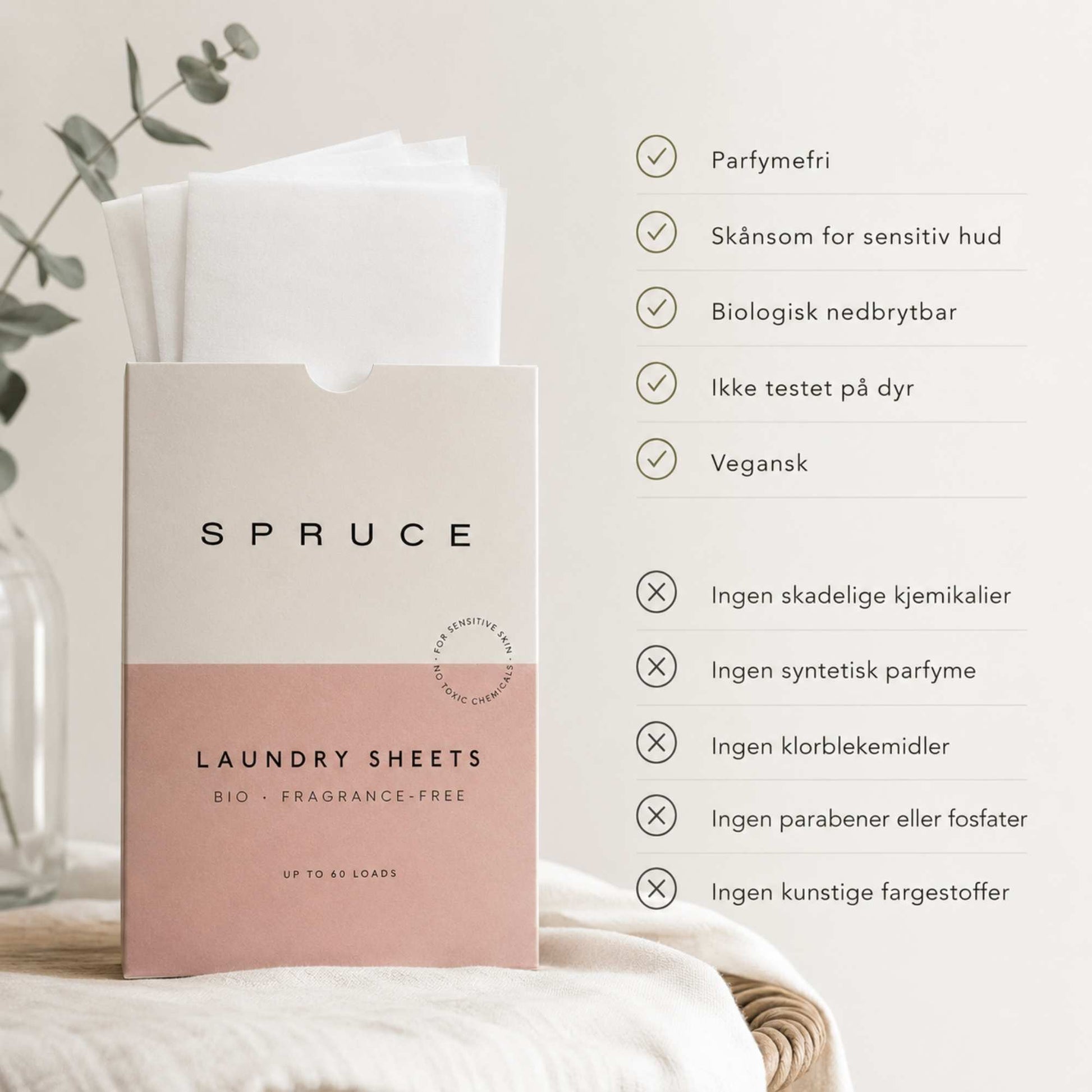 Spruce vaskeark uten parfyme med oversikt over ingredienser og fordeler