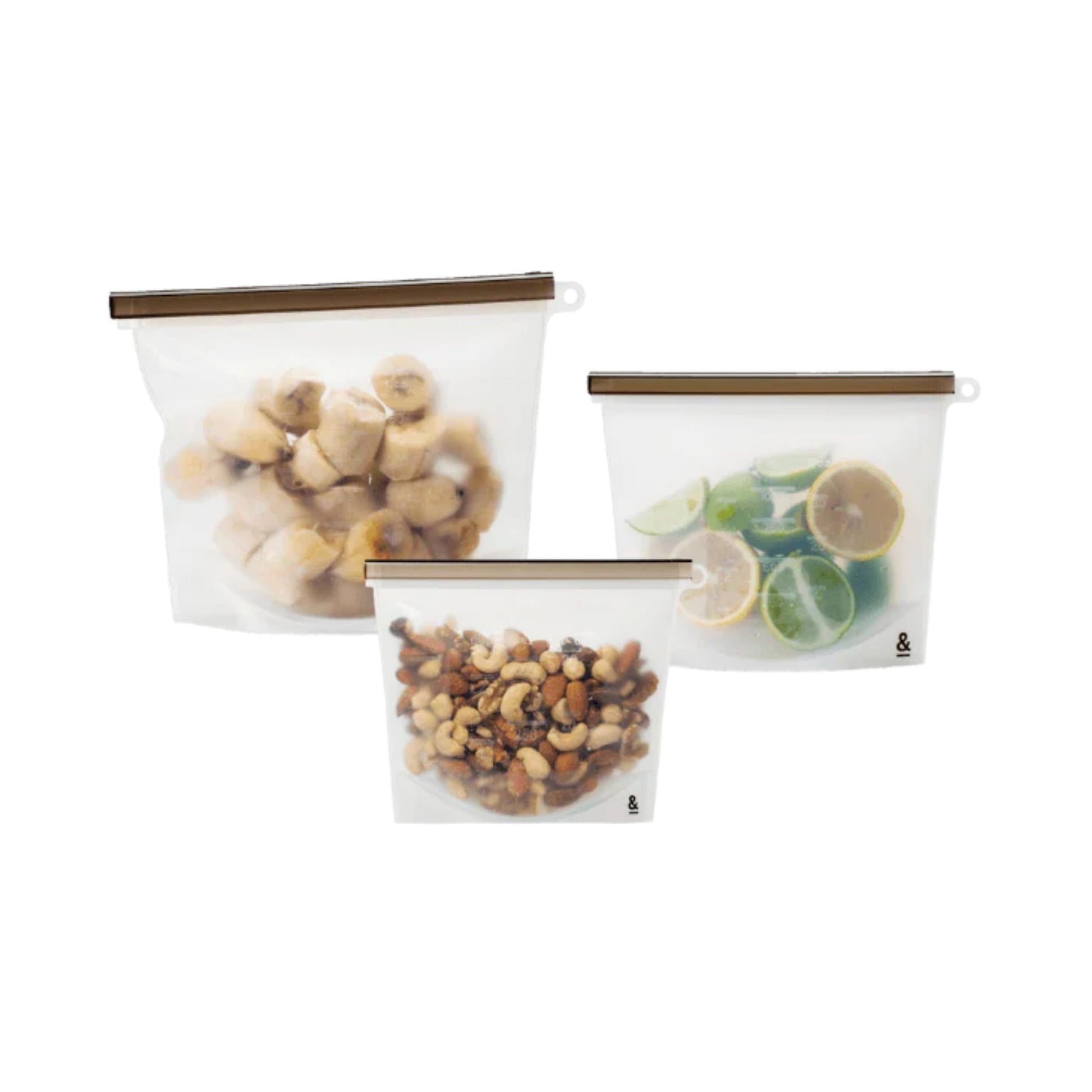 Startsett med tre gjenbrukbare silikonposer fra Seed & Sprout i ulike størrelser, laget av LFGB-sertifisert silikon for trygg og bærekraftig matoppbevaring uten engangsplast.