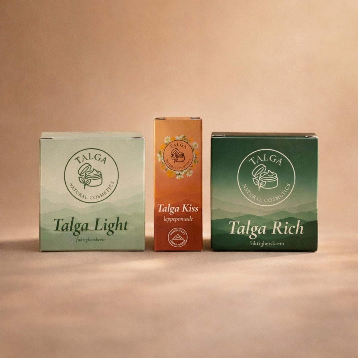 Talga hudpleierutine med Talga Light ansiktskrem, Talga Rich ansiktskrem og Talga Kiss leppepomade – naturlig og parfymefri hudpleie