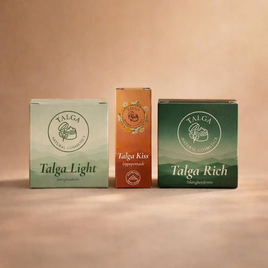 Talga hudpleierutine med Talga Light ansiktskrem, Talga Rich ansiktskrem og Talga Kiss leppepomade – naturlig og parfymefri hudpleie