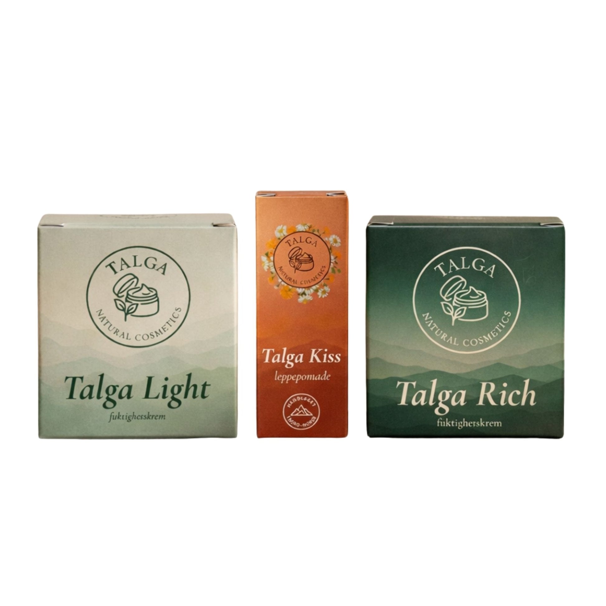 Talga hudpleierutine med Talga Light, Talga Rich og Talga Kiss – naturlig og parfymefri hudpleie laget med norsk talg