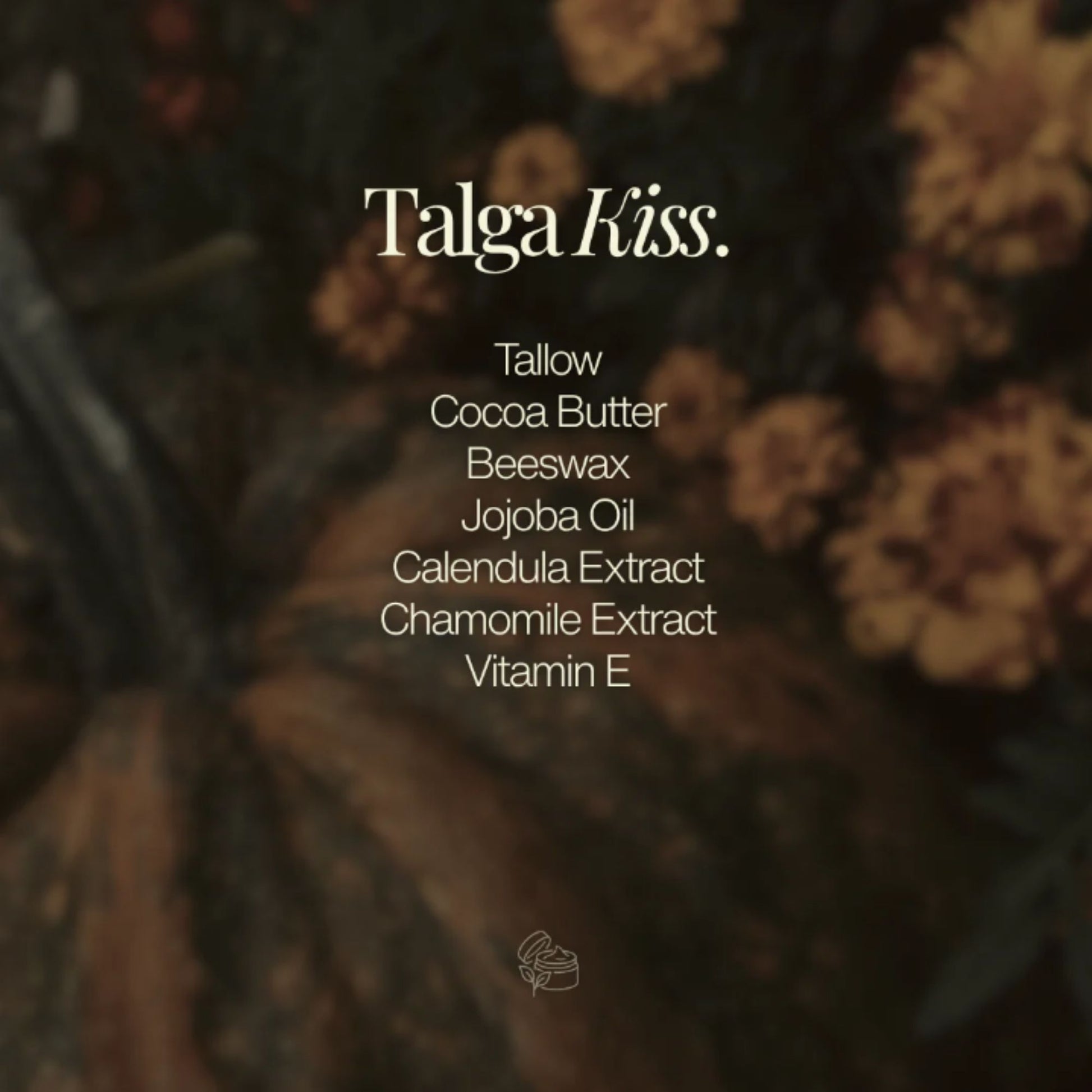 Ingrediensene i Talga Kiss leppepomade: gressforet talg, kakaosmør, bivoks, jojobaolje, ringblomst, kamille og naturlig vitamin E.