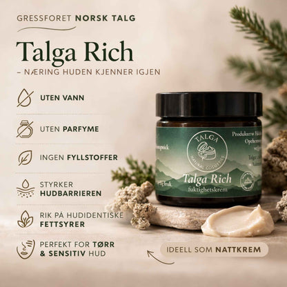 Talga Rich ansiktskrem med gressforet norsk talg – vannfri hudkrem uten parfyme for tørr og sensitiv hud.