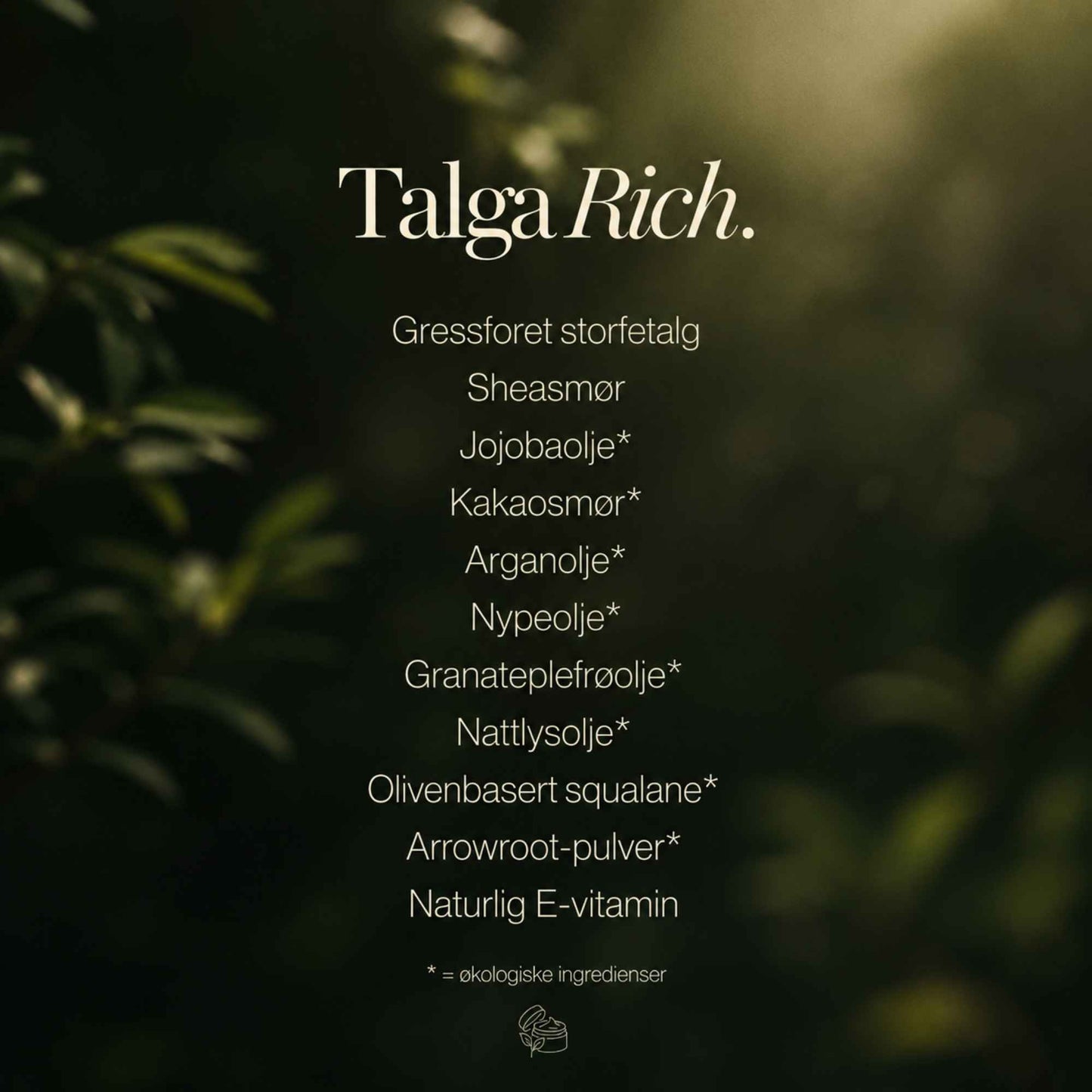 Ingrediensoversikt for Talga Rich Body Butter på mørk, naturlig bakgrunn med myke grønne toner. Naturlig kroppssmør med gressforet storfetalg, sheasmør, jojobaolje, kakaosmør og andre nærende ingredienser for tørr og sensitiv hud.