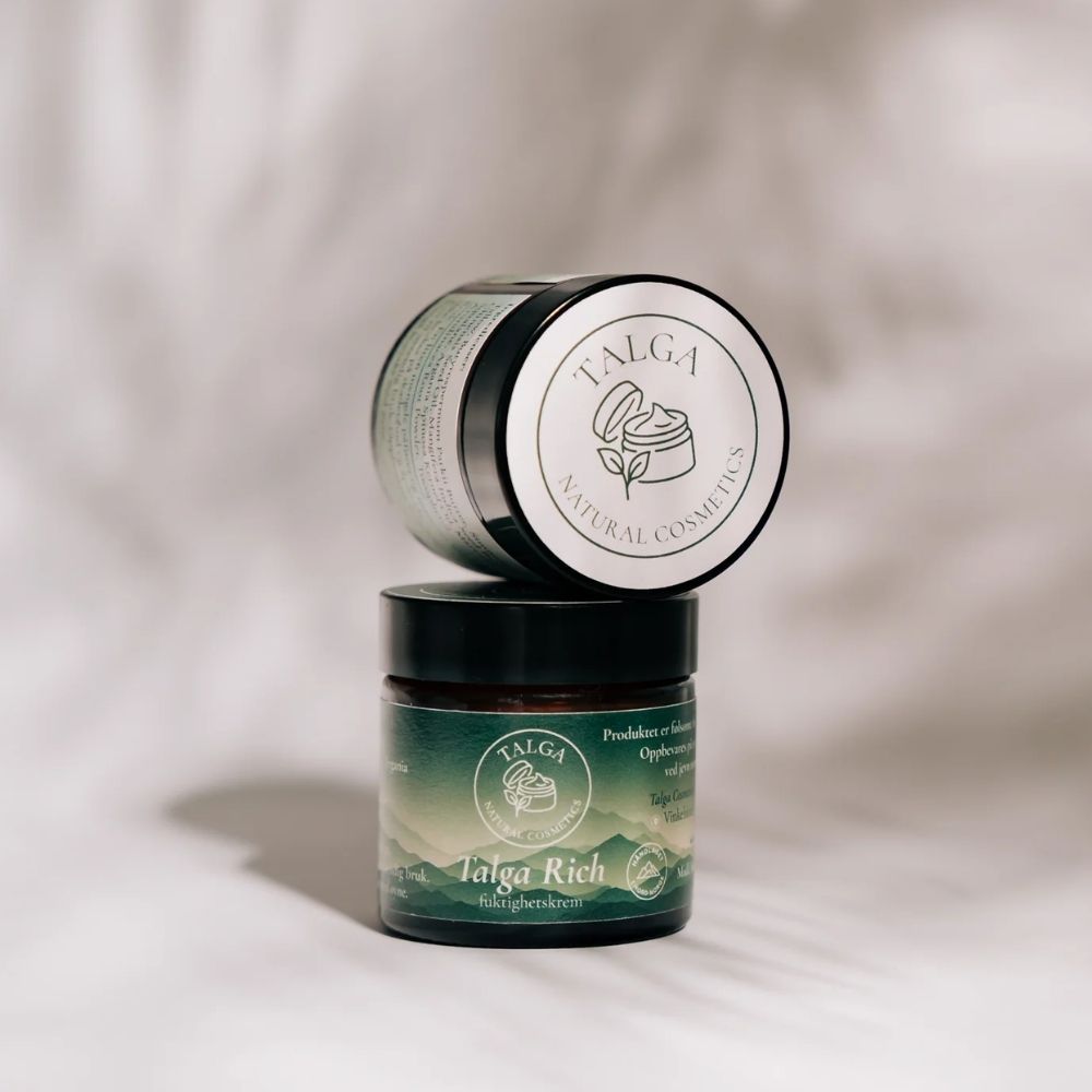Talga Rich og Talga Light ansiktskremer side om side laget av norsk talg og rene ingredienser.