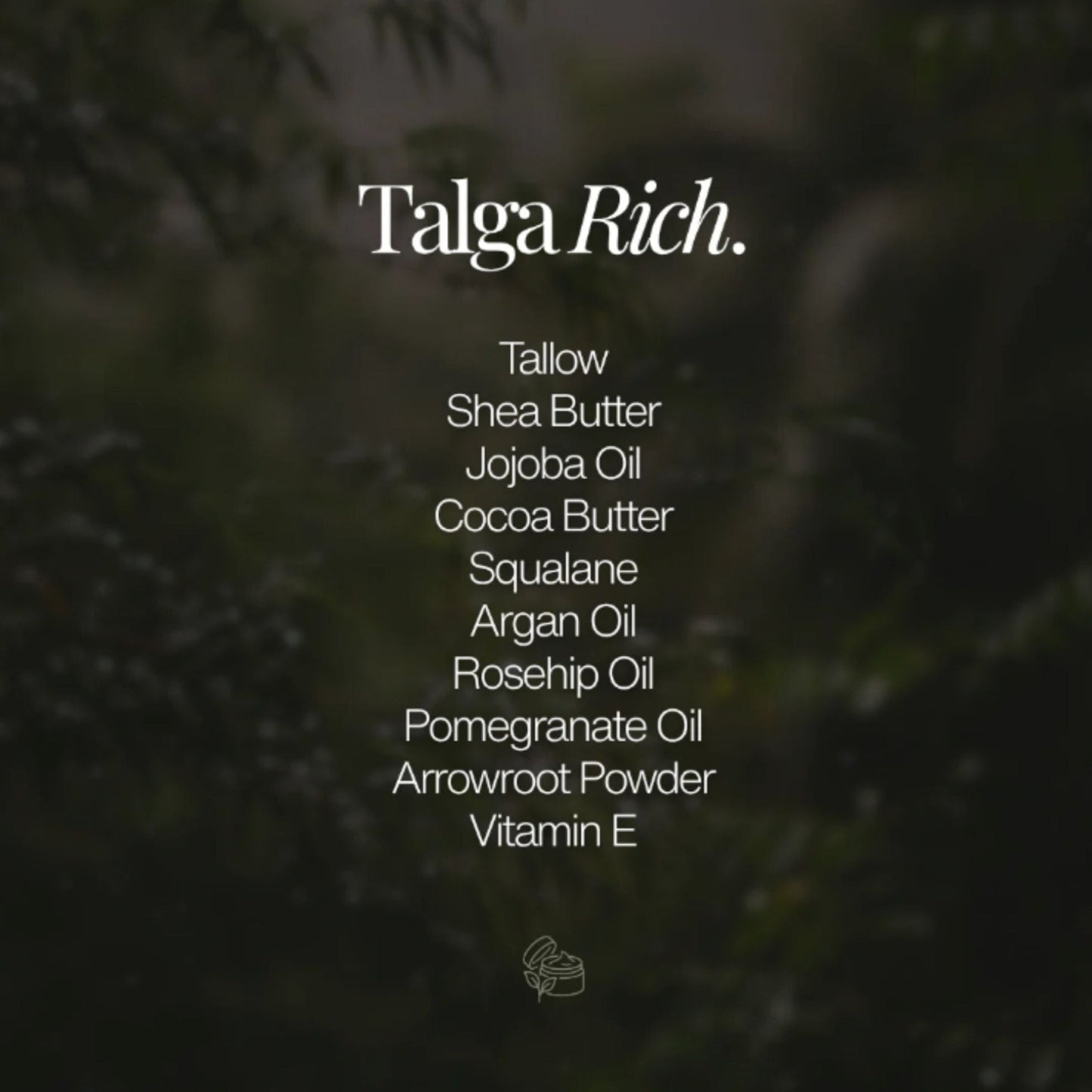 Ingrediensene i Talga Rik Kroppskrem – gressforet talg, sheasmør, kakaosmør og planteoljer